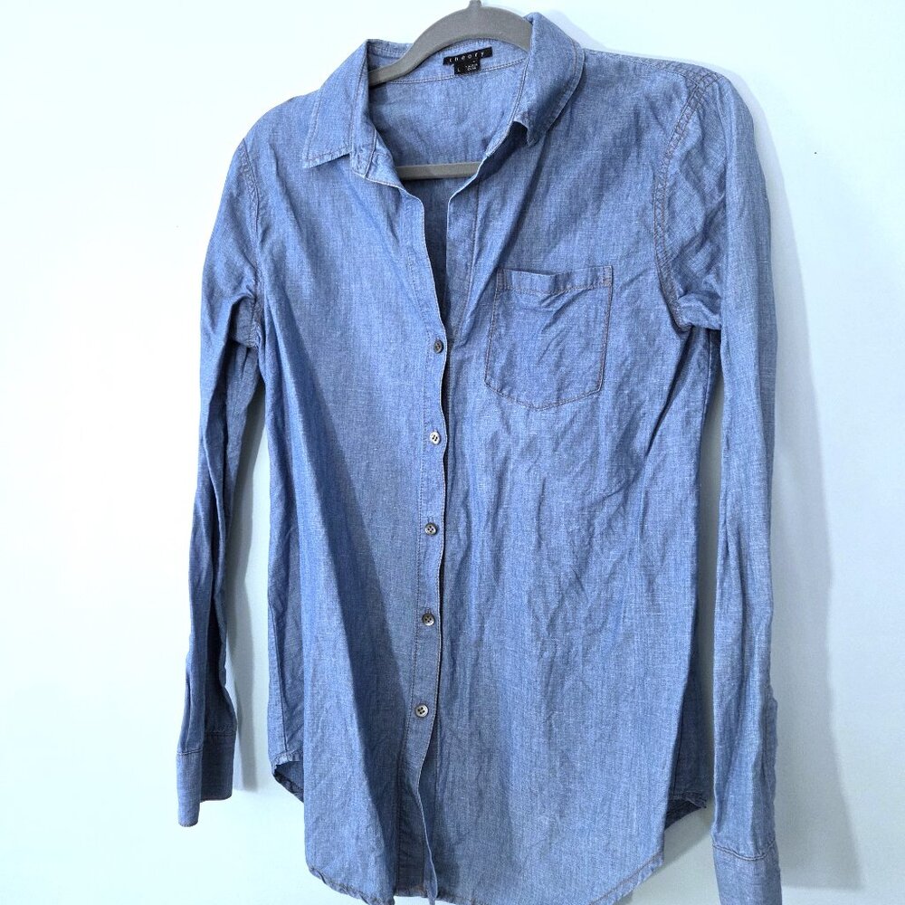 NWOT Theory Nikala D/Orient Lightweight Cotton & Linen Blue Denim Shirt Size L